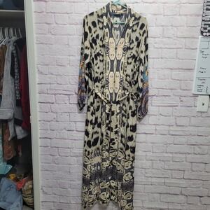 Moda Baronessa 100% Silk Kimono Maxi Dress S Leopard Belted Boho Tribal Indie